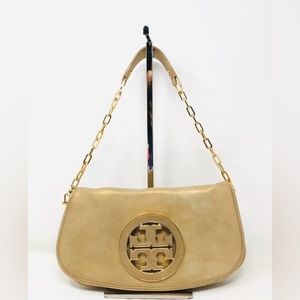 Tory Burch Suede Leather Beige Gold Flap Bag Shoulder Bag Purse